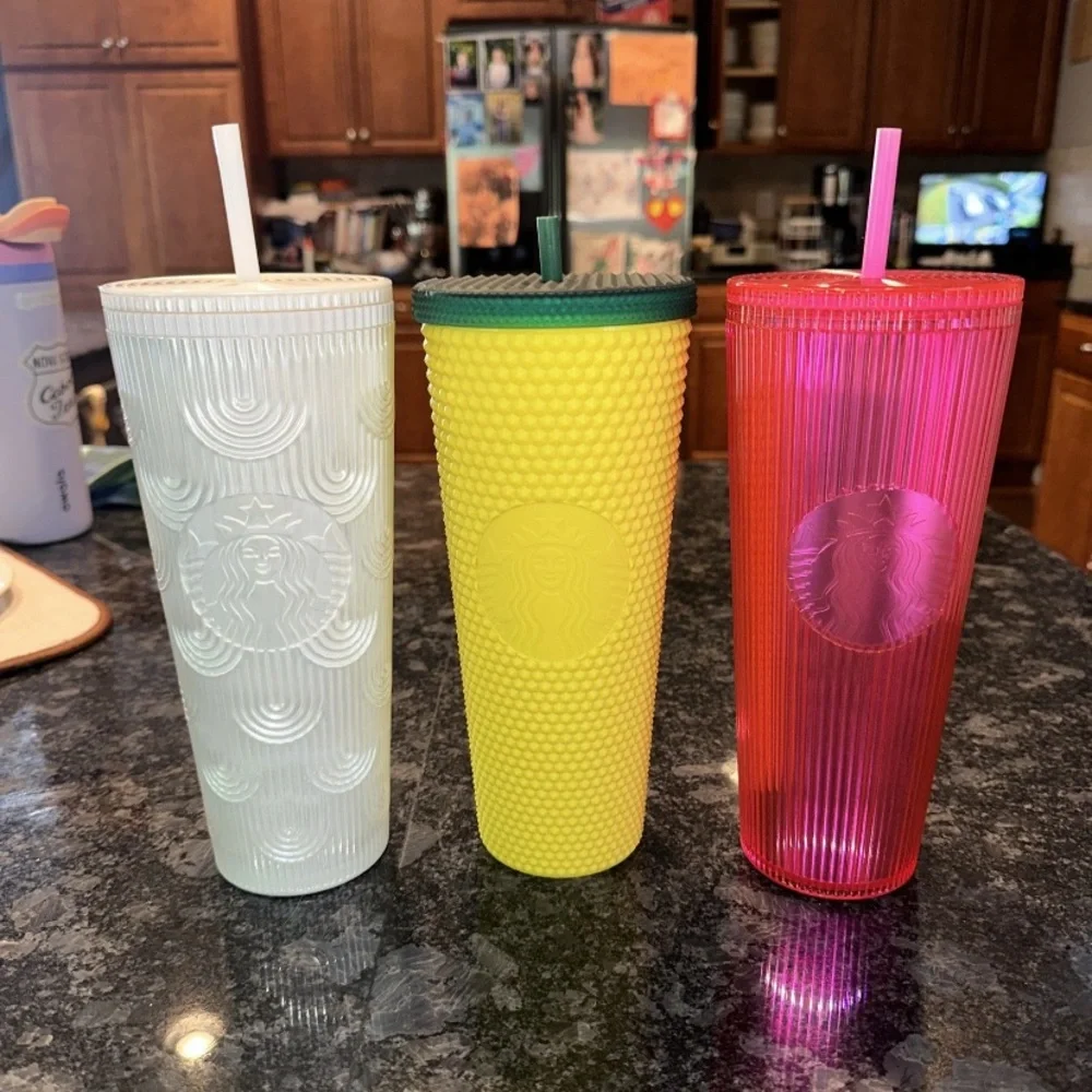 Lot of 3 Starbucks Venti Cold Cup Tumblers Plastic Hawaii Pineapple Pink Pearl